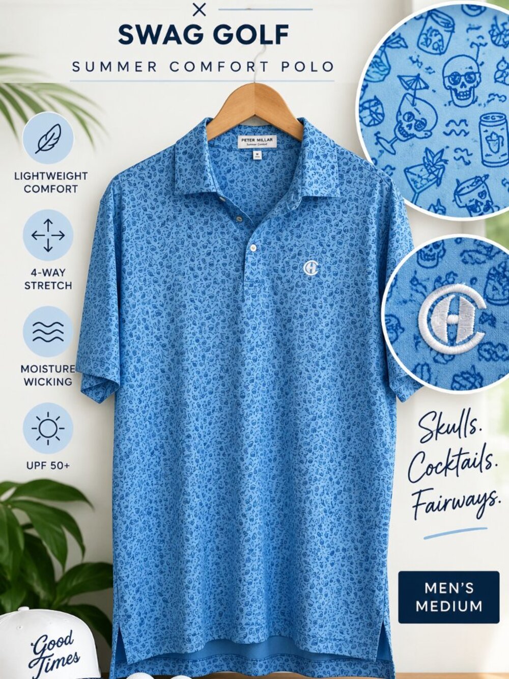 Peter Millar x Swag Golf Summer Comfort Skull Cocktail Polo Blue M